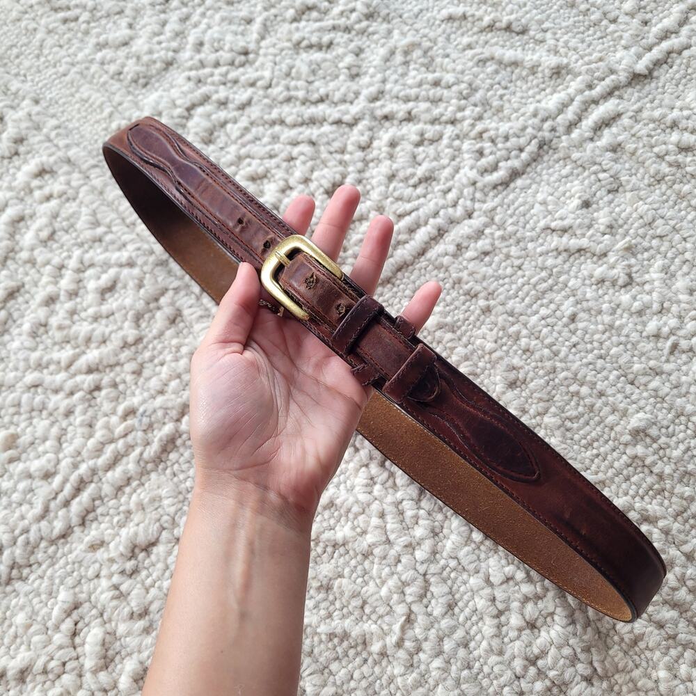 Vtg Ranger Style Double Keeper Loop Leather Belt with Solid brass Sz L